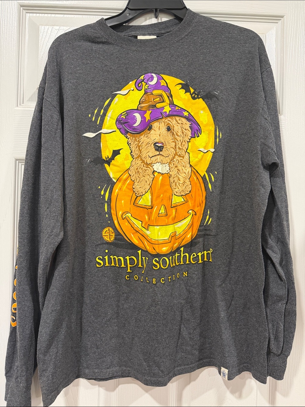 Simply Southern Gray Long Sleeve Tee with Halloween Pumpkin Pup Graphic